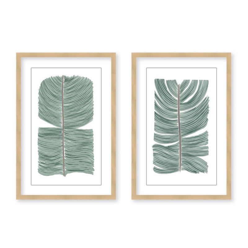 "Tropical Tranquility: Abstract Leaves Diptych" Framed Matted Print Wall Art