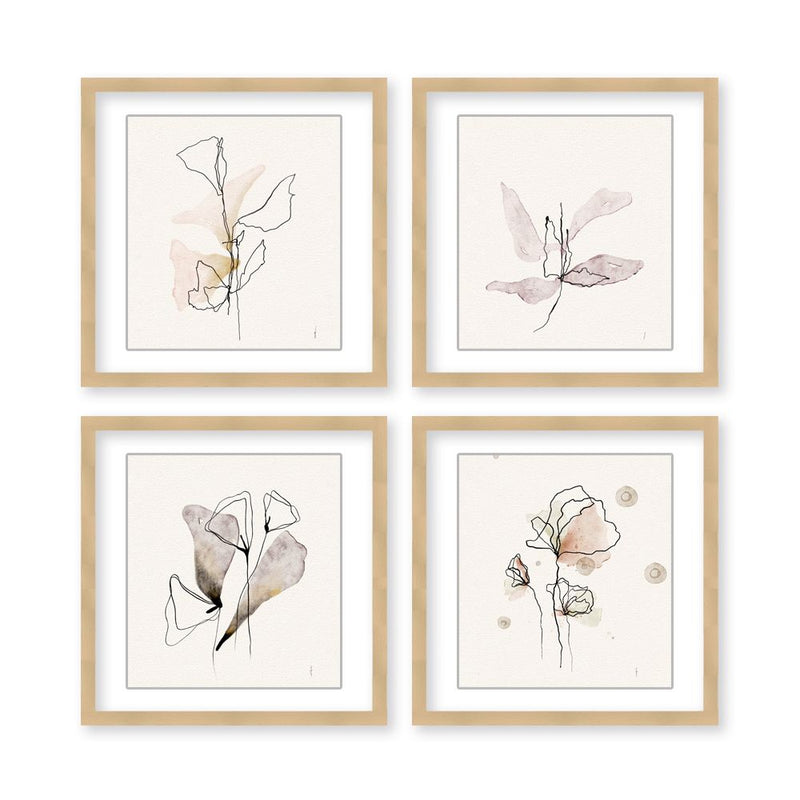 "Fluttering Blossoms: A Quad of Abstract Florals and Butterflies" Framed Matted Print  Wall Art