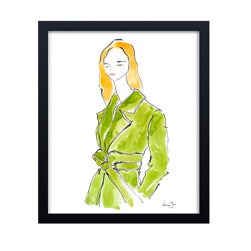 'Girl In Avocado Trench' Framed Print Wall Art