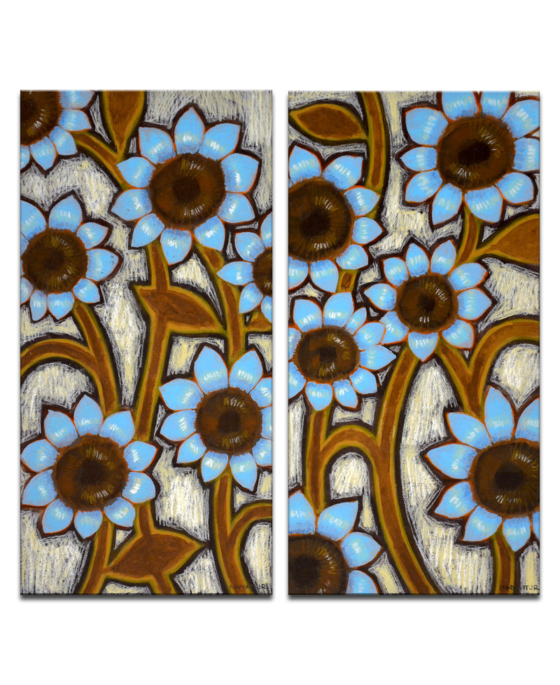 'Blue Sunflowers' 2 Piece Wrapped Canvas Wall Art Set