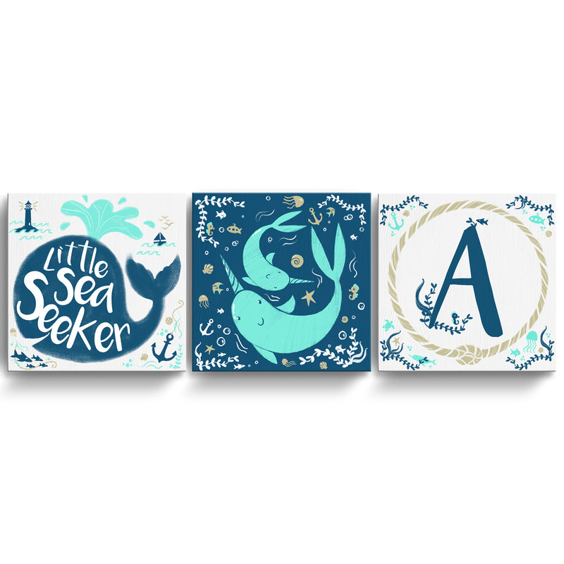 Sea Seeker' 3-Pc Wrapped Canvas Monogram Nursery Wall Art Set