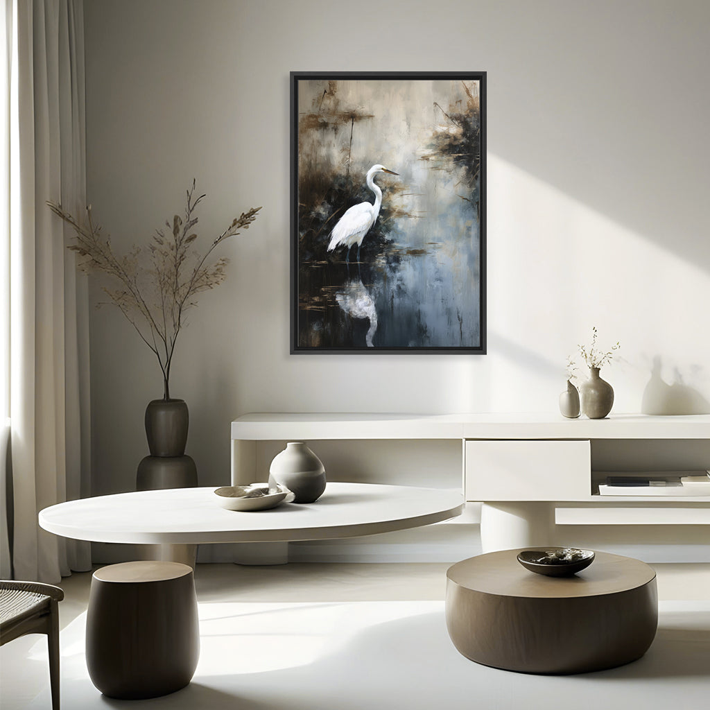 "Egret in Lake"Framed Embellished Canvas  Wall Art