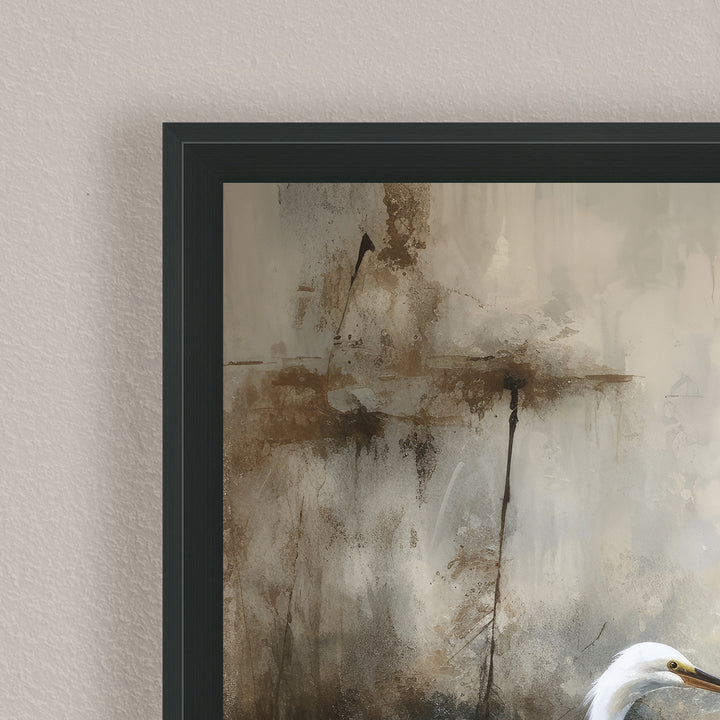 "Egret in Lake"Framed Embellished Canvas  Wall Art