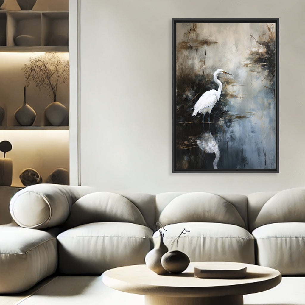 "Egret in Lake"Framed Embellished Canvas  Wall Art
