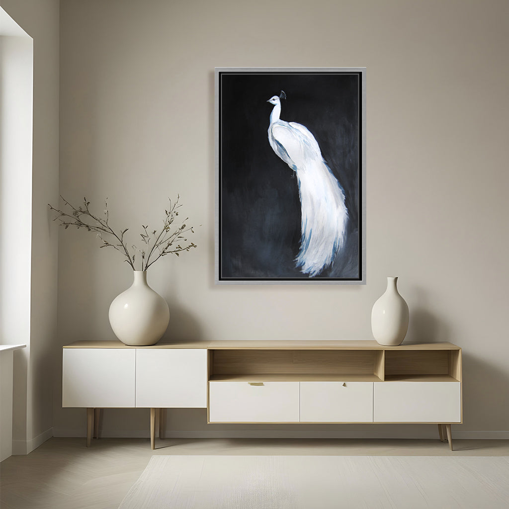 "Alabaster Majesty: White Peacock against the Night" Framed CanvasWall Art