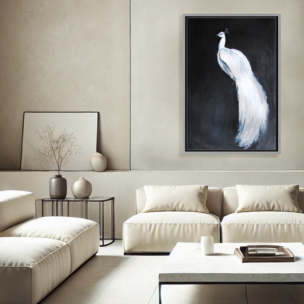 "Alabaster Majesty: White Peacock against the Night" Framed CanvasWall Art