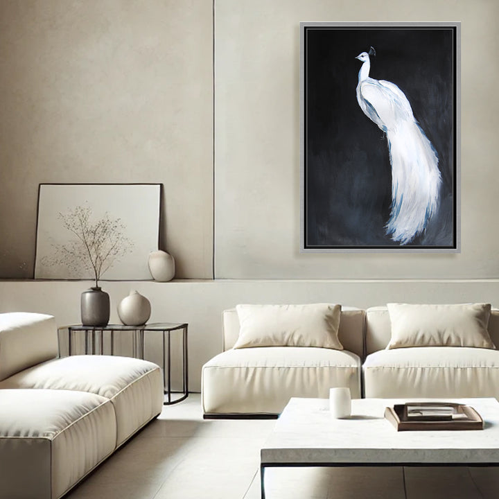 "Alabaster Majesty: White Peacock against the Night" Framed CanvasWall Art