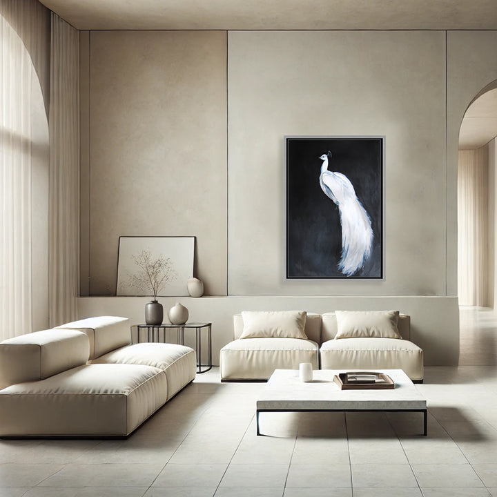 "Alabaster Majesty: White Peacock against the Night" Framed CanvasWall Art