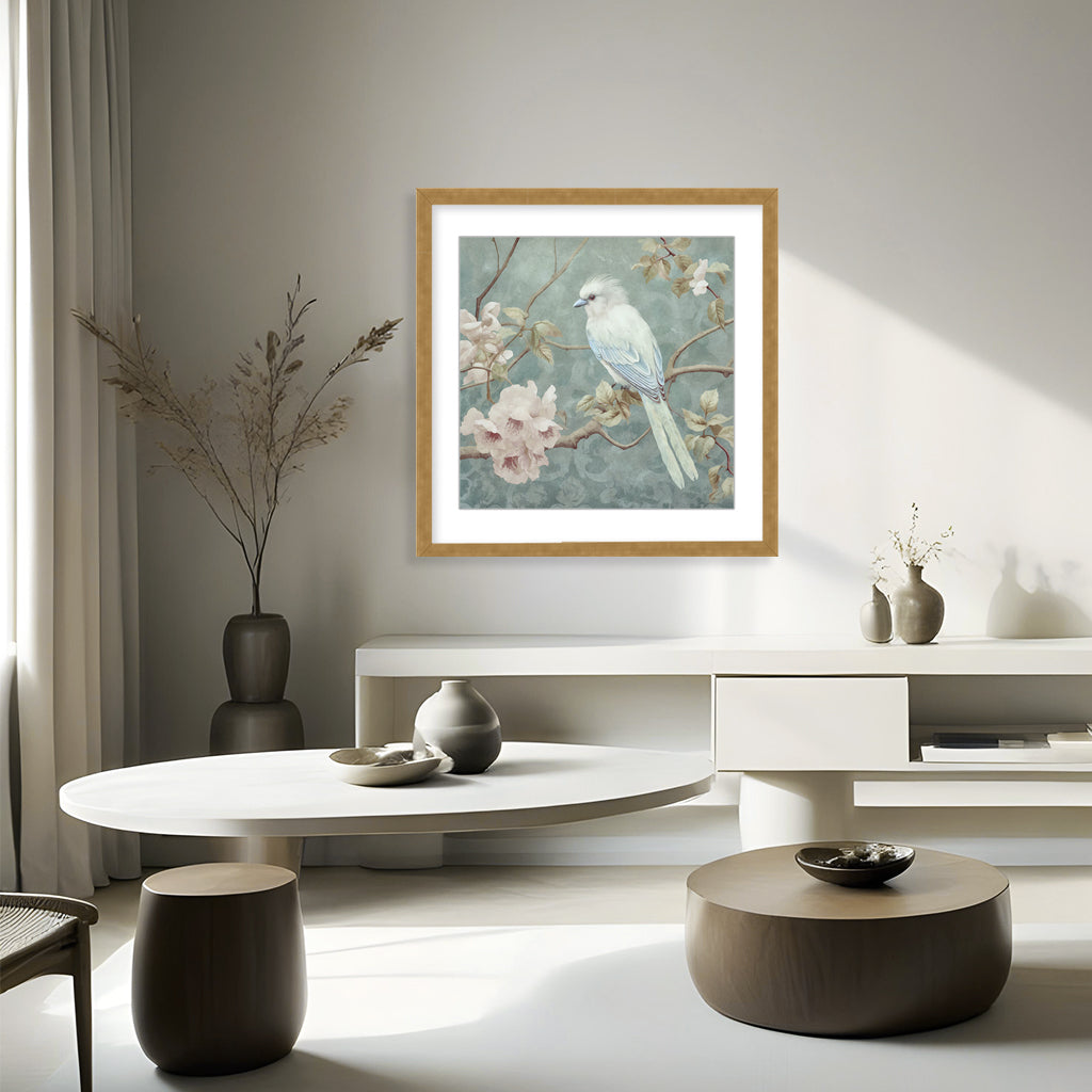 "White Chinoiserie Bird Spring Vibes" Framed Matted Print  Wall Art
