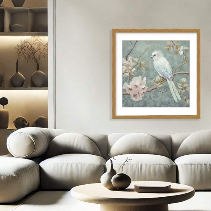 "White Chinoiserie Bird Spring Vibes" Framed Matted Print  Wall Art