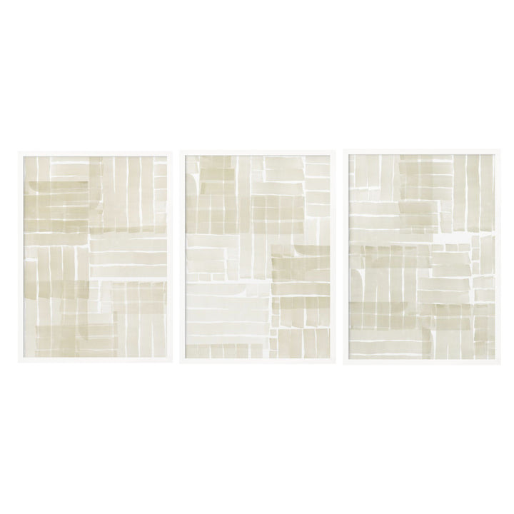 "Neutral Tangle Grid" Set of Three Framed Textured Wall Art