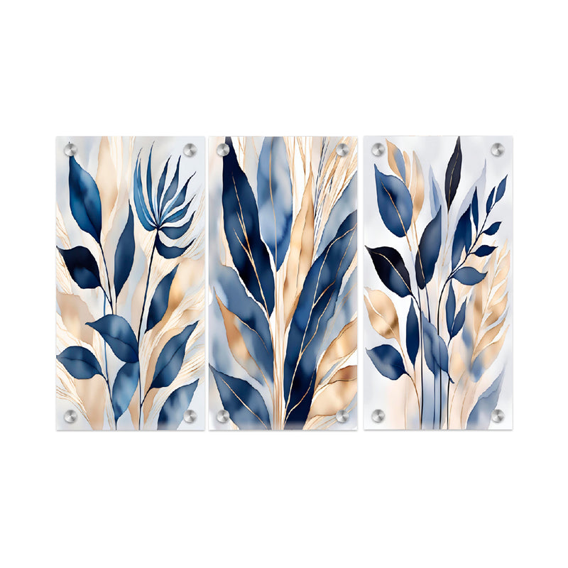 "Leaves In Blue Set of Three" Acrylic Wall Art