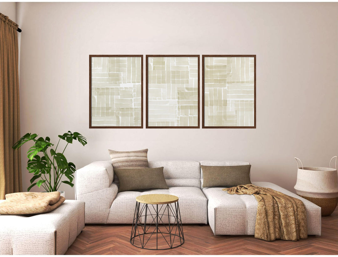 "Neutral Tangle Grid" Set of Three Framed Textured Wall Art