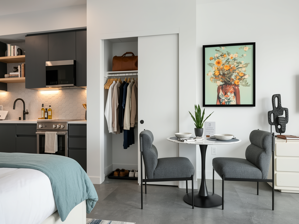 Custom framed floral surrealism wall art styled in a modern studio apartment, showcasing Art Firm by Ready2HangArt consulting services for hospitality and multi-family projects.