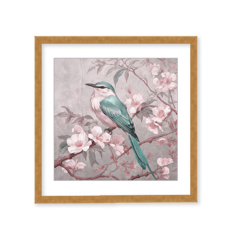 "Blue Chinoiserie Bird Spring Vibes" Framed Matted Print  Wall Art