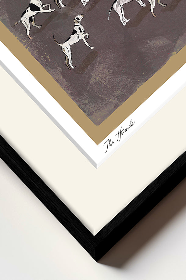 Detail view of 'The Hounds' vintage-style framed wall art featuring a modern black frame and white matting by Ready2HangArt.