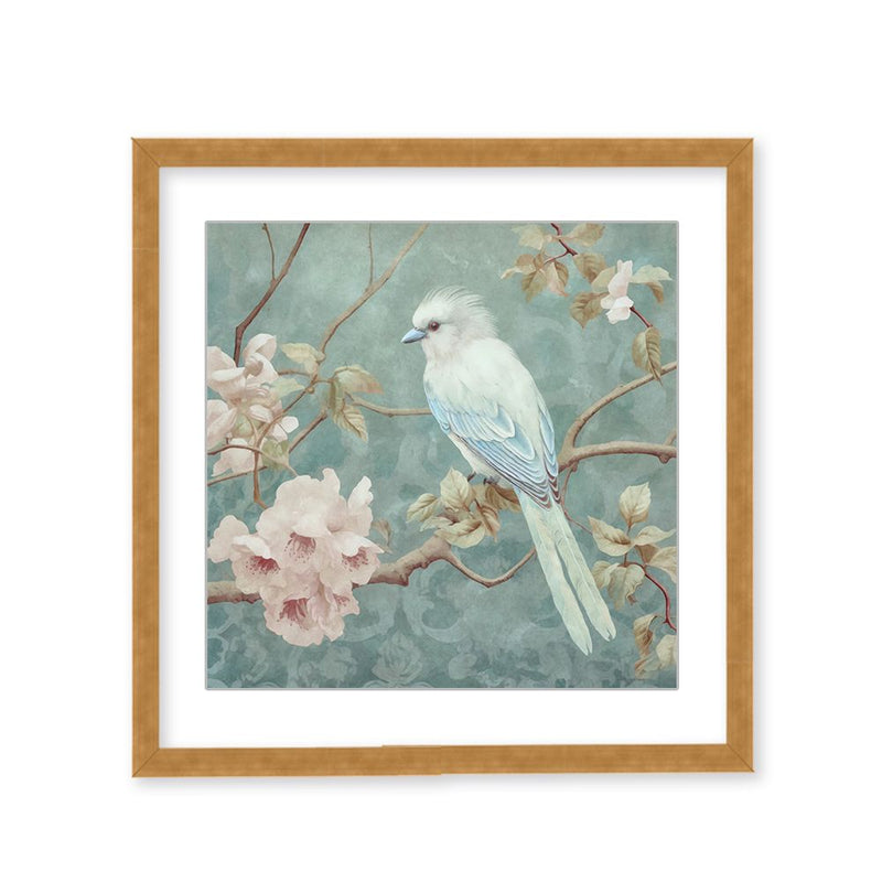 "White Chinoiserie Bird Spring Vibes" Framed Matted Print  Wall Art