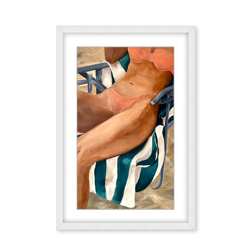 "Riviera Retreat: Woman Lounging on Beach Towel and Chair" Framed Matted Print Wall Art