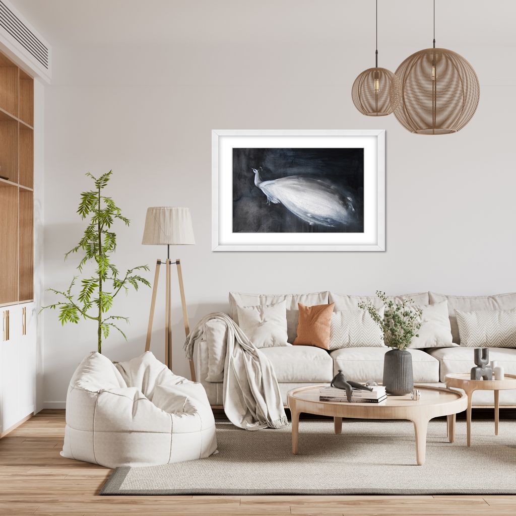 "Portrait of a White Peacock on Black Background" Framed Matted Print Wall Art