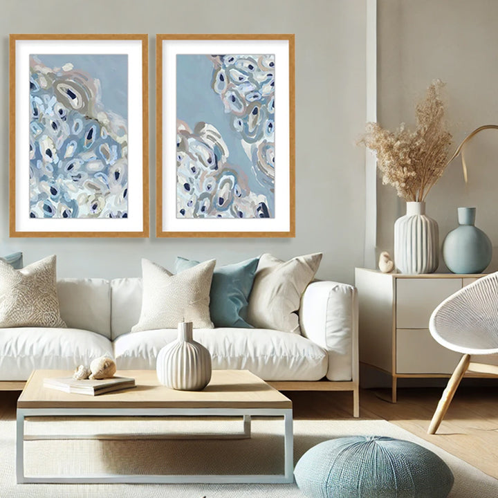 "Glistening Shores: Abstract Oyster Diptych" Framed Matted Print Wall Art