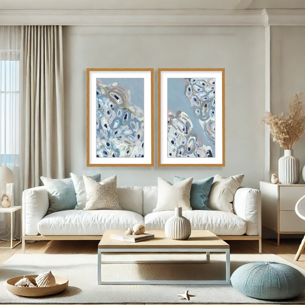 "Glistening Shores: Abstract Oyster Diptych" Framed Matted Print Wall Art