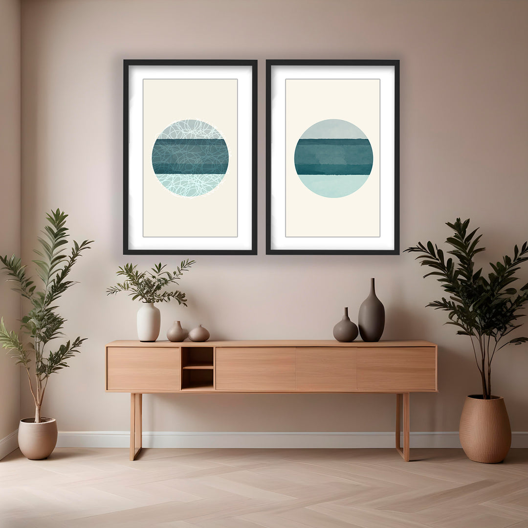 "Oceanic Duology: Abstract Circles Diptych" Framed Matted Print  Wall Art