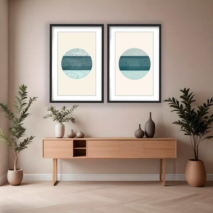 "Oceanic Duology: Abstract Circles Diptych" Framed Matted Print  Wall Art