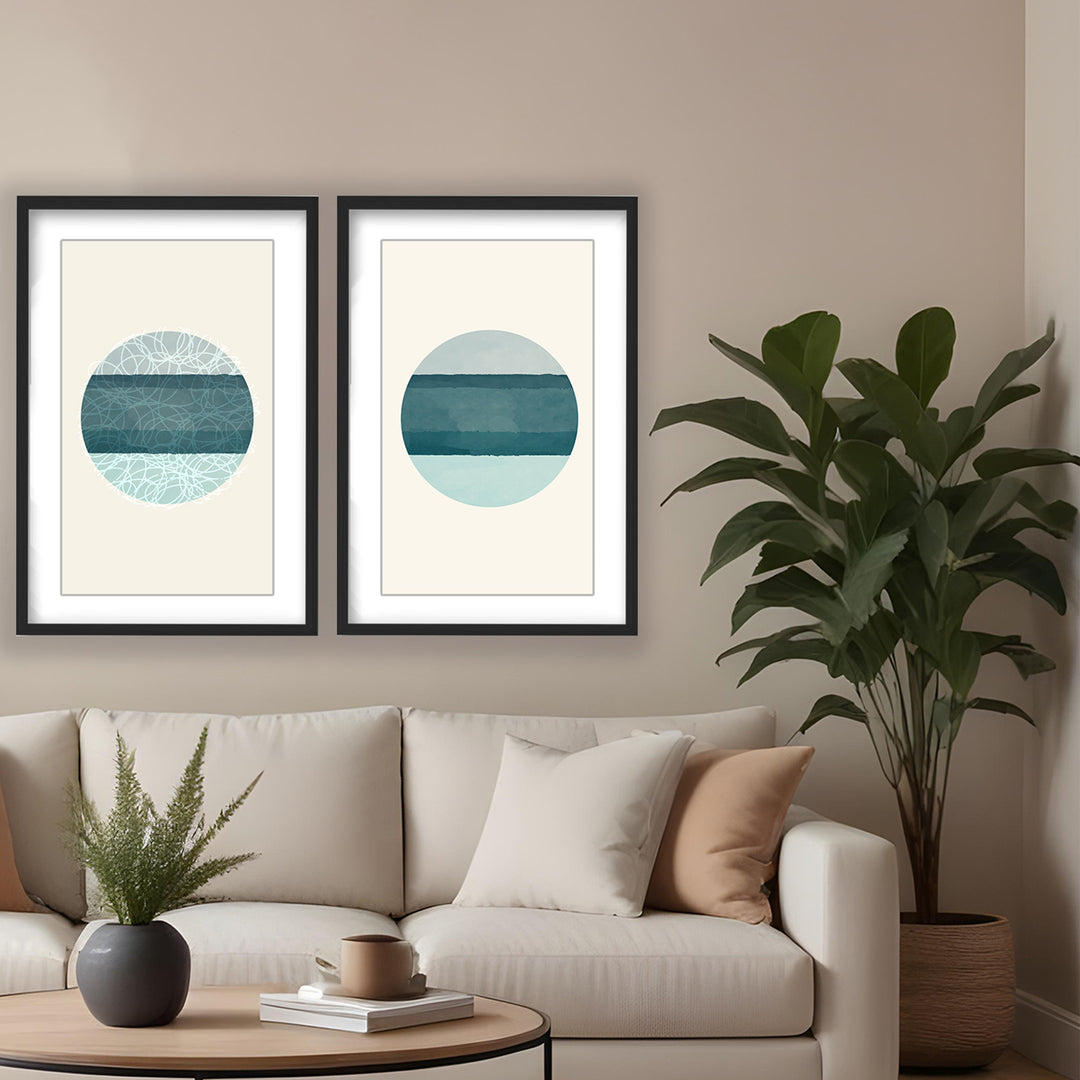 "Oceanic Duology: Abstract Circles Diptych" Framed Matted Print  Wall Art