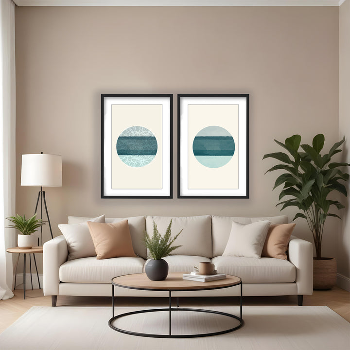 "Oceanic Duology: Abstract Circles Diptych" Framed Matted Print  Wall Art