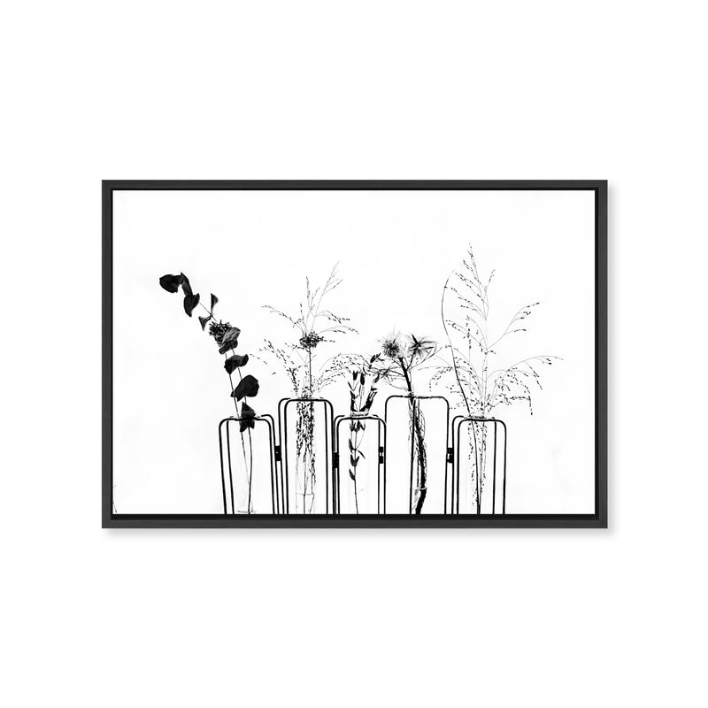 "Black Flowers On White Background" Framed Canvas Wall Art