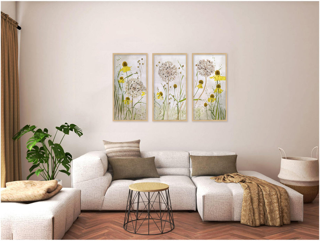"Alliums and Heleniums"Set of Three Framed Textured Wall Art