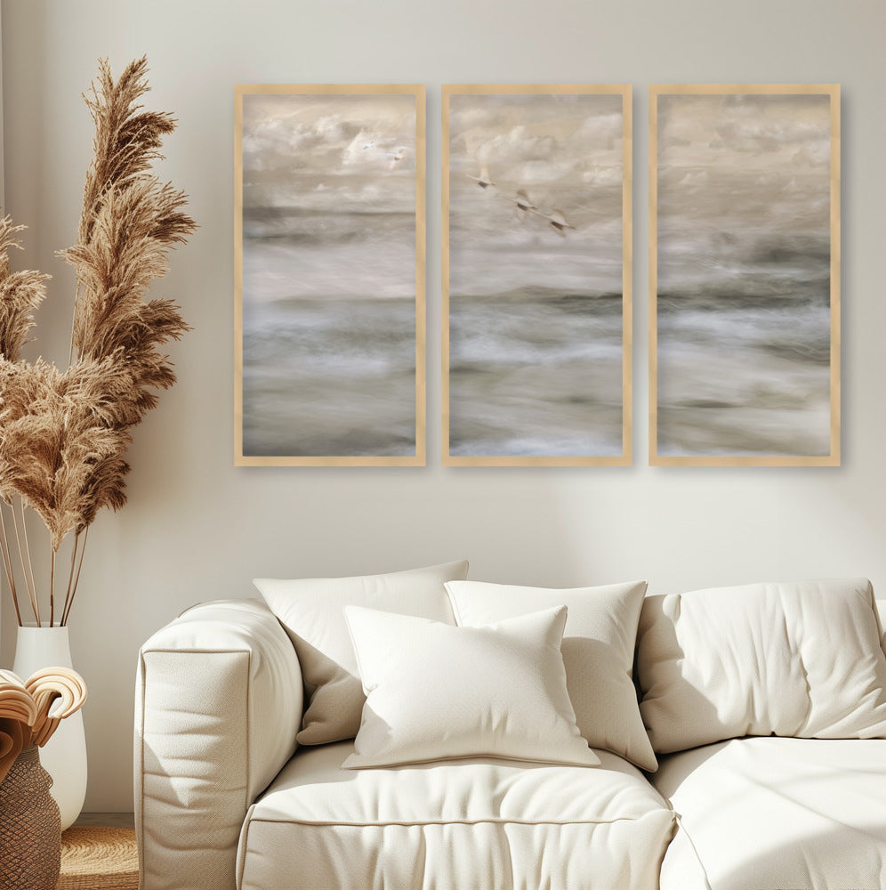 "Swans over sea" Set of Three Framed Textured Wall Art