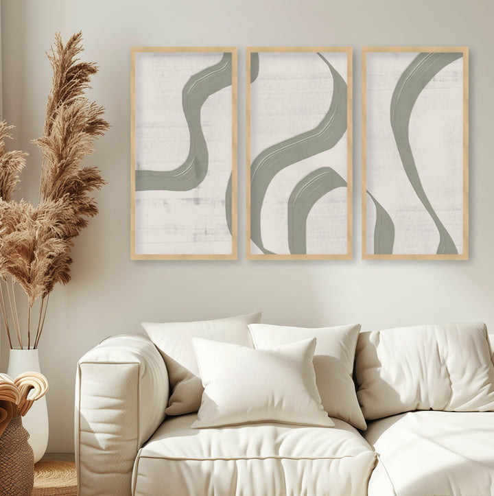 "Green Waves No.2" Set of Three Framed Textured Wall Art