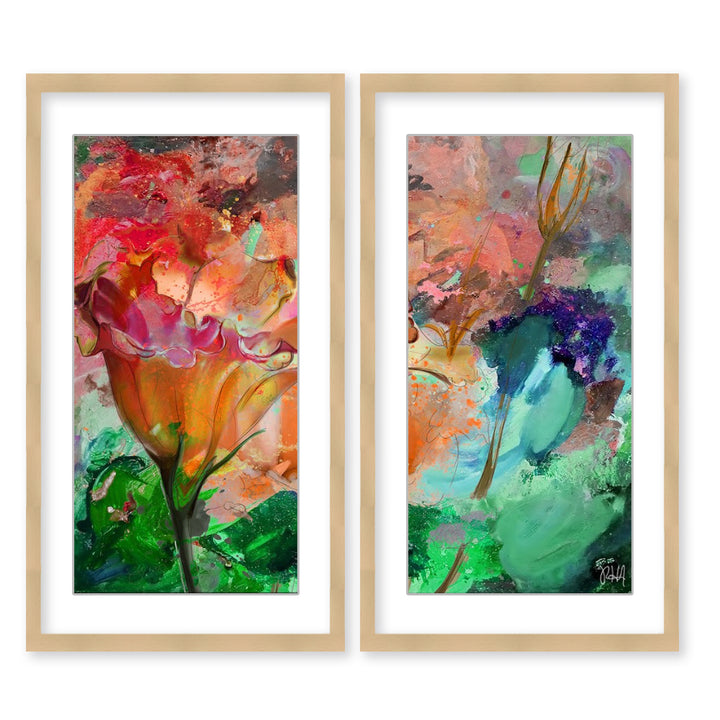 "Painted Petals LXI"Set of Two Framed Canvas Wall Art
