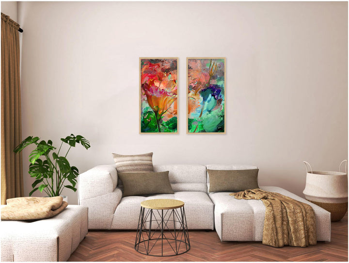 "Painted Petals LXI"Set of Two Framed Canvas Wall Art