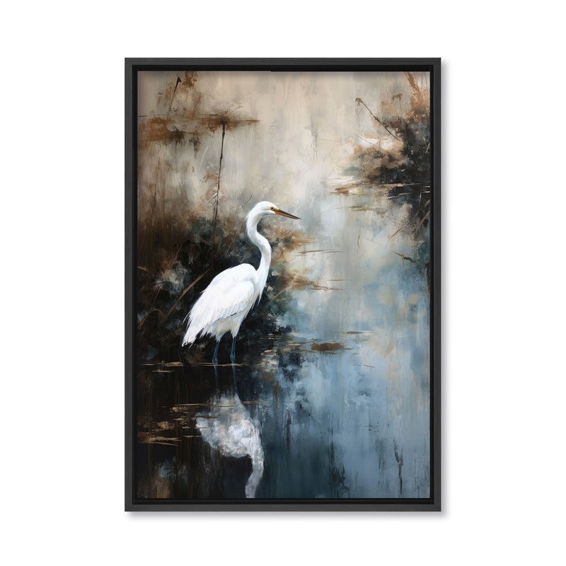 "Egret in Lake"Framed Embellished Canvas  Wall Art