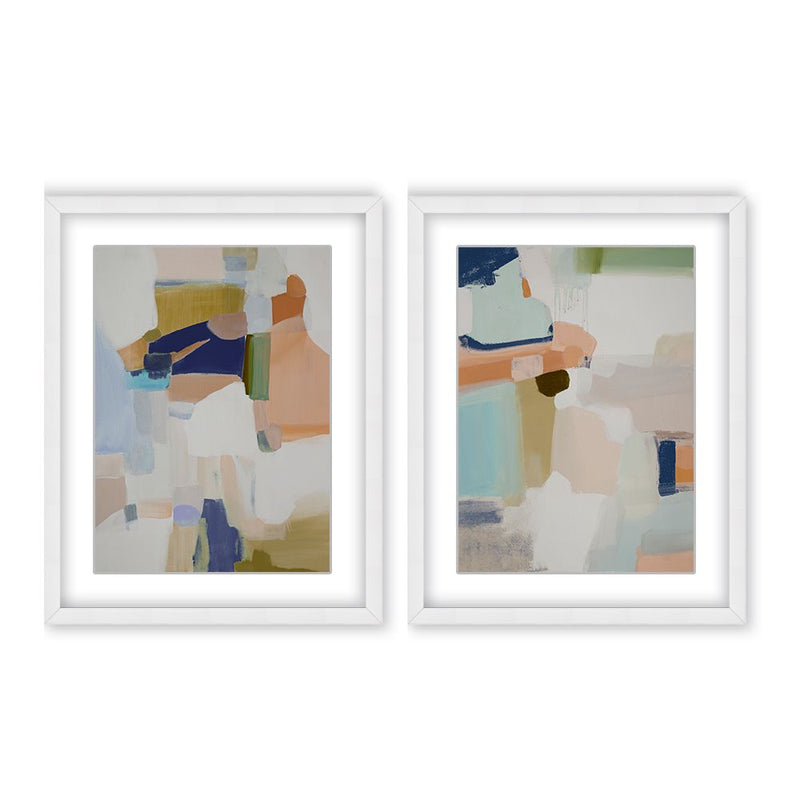 "Opulent Serenity: Pastel Abstract Diptych"  Framed Matted Print Wall Art