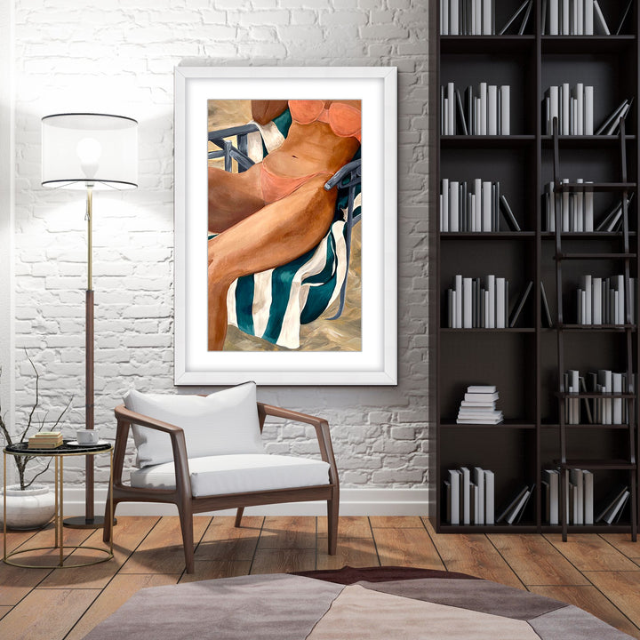 "Riviera Retreat: Woman Lounging on Beach Towel and Chair" Framed Matted Print Wall Art