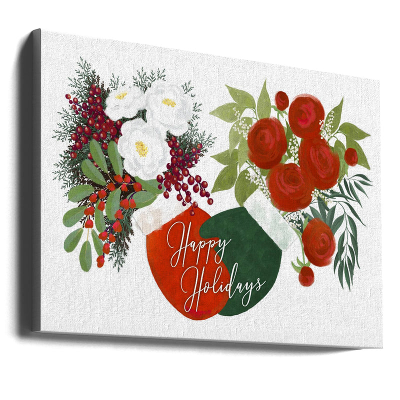 "Floral mittens Happy holidays in white" Wrapped Canvas Wall Art