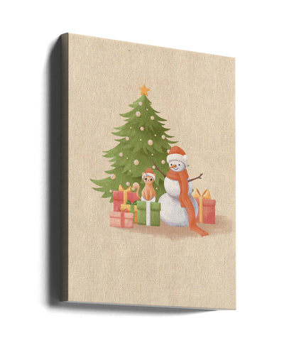 "Snowman And Cat" Wrapped Canvas Wall Art