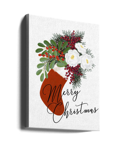 "Floral Stocking Merry Christmas in white" Wrapped Canvas Wall Art