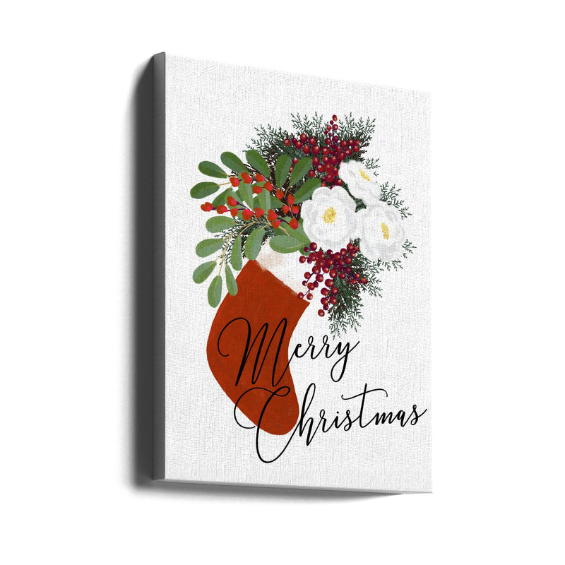 "Floral Stocking Merry Christmas in white" Wrapped Canvas Wall Art