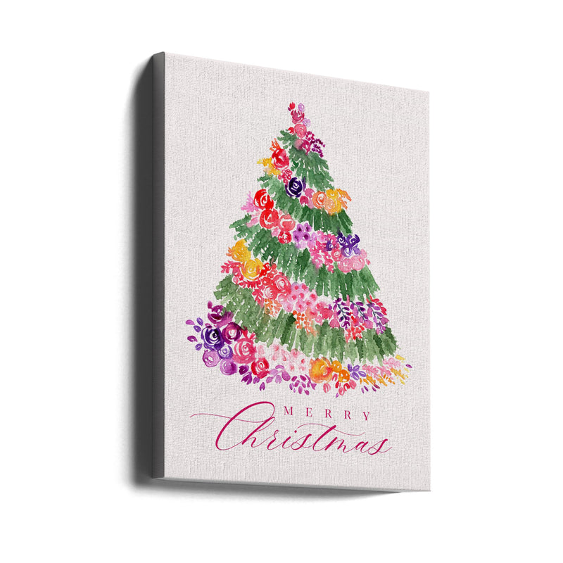 "Floral Christmas tree in pink" Wrapped Canvas Wall Art