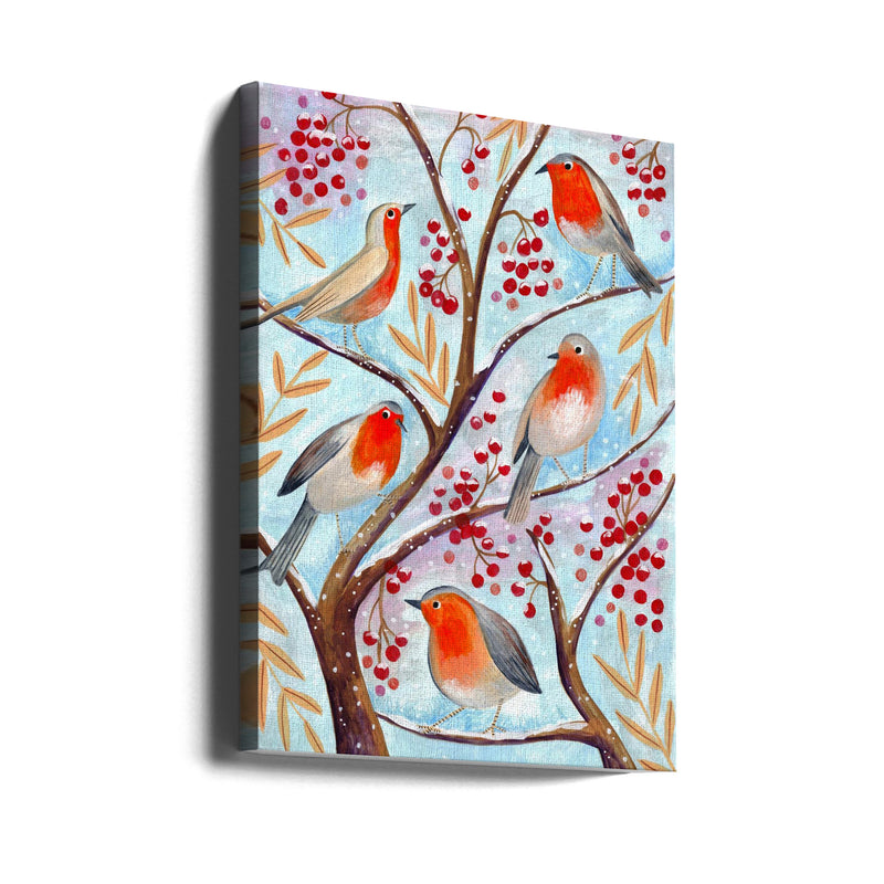 "Winter birds robins Christmas snow" Wrapped Canvas Wall Art