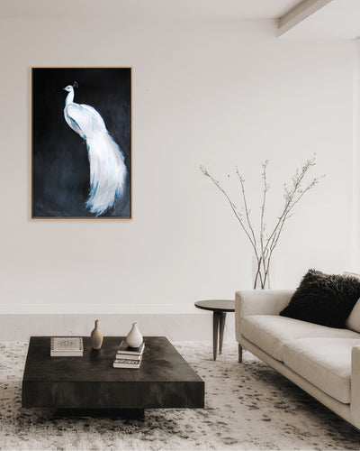 "Alabaster Majesty: White Peacock against the Night" Framed CanvasWall Art by Christine Lindstrom