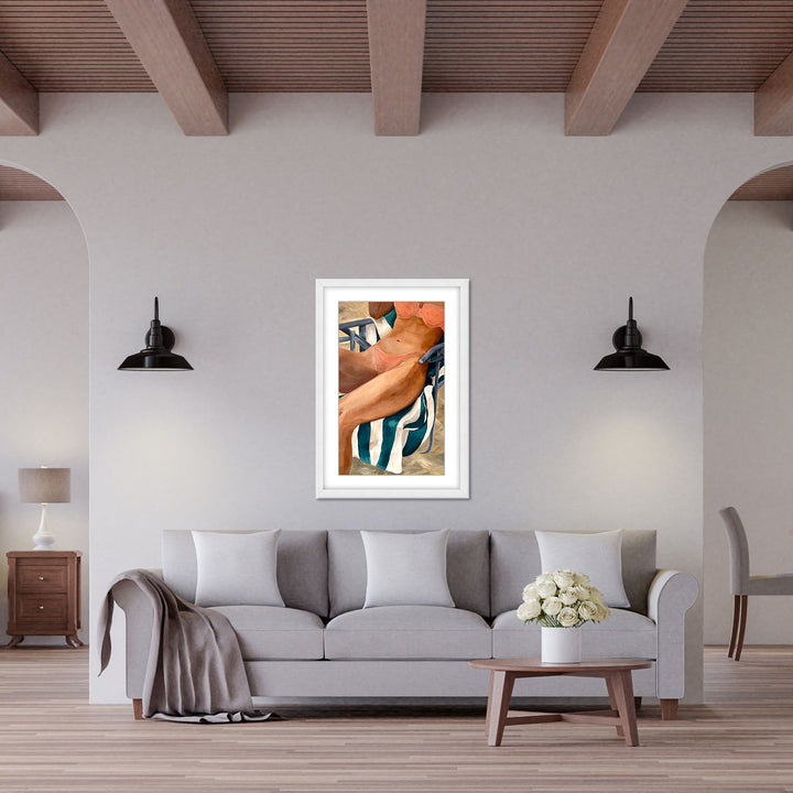 "Riviera Retreat: Woman Lounging on Beach Towel and Chair" Framed Matted Print Wall Art