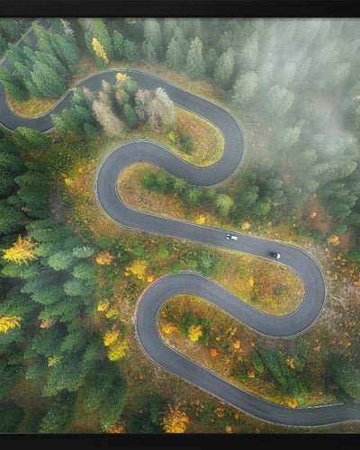 "Snake-like Road in a Foggy Day" Framed Print Wall Art