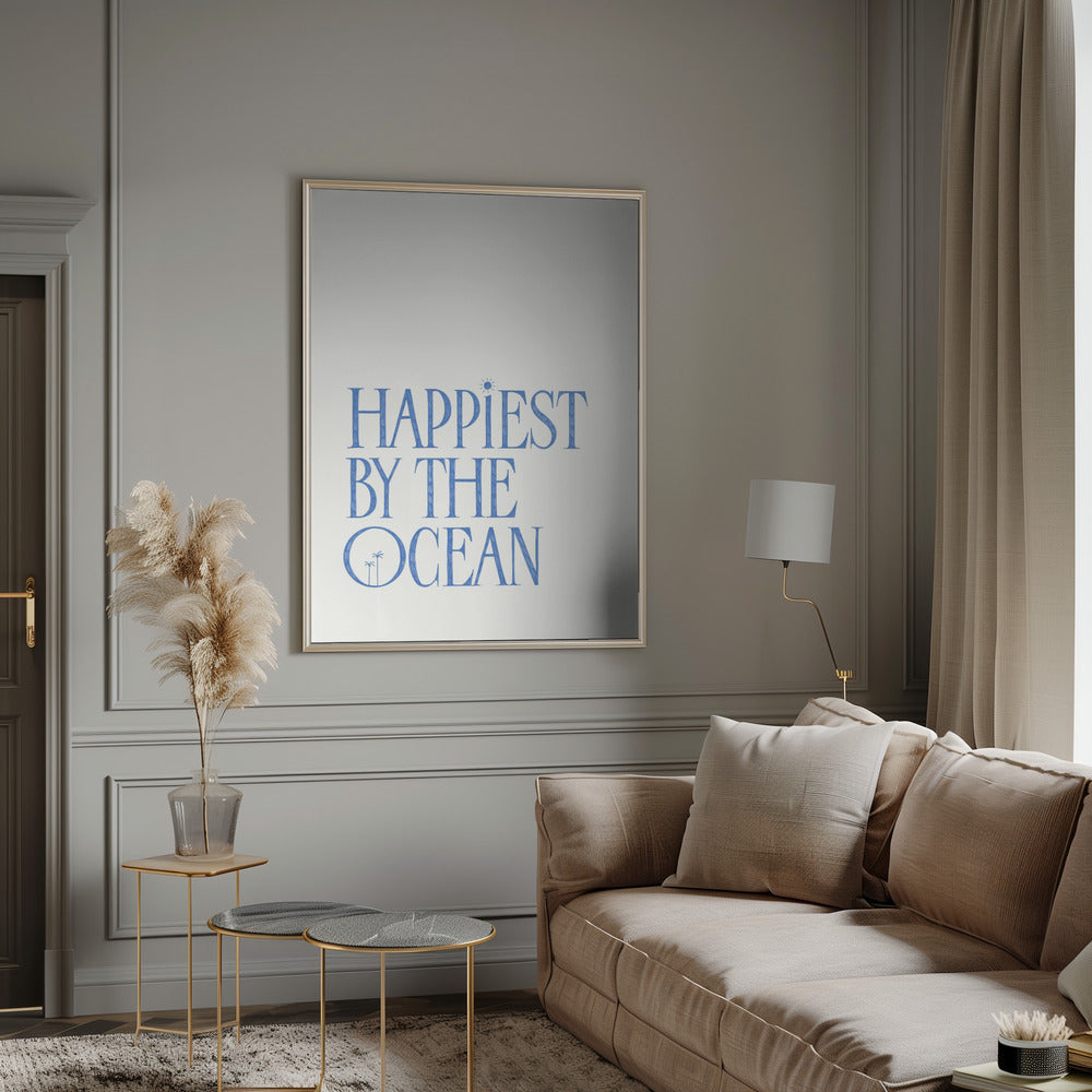 "Happiest by the ocean - summer handlettering text a quote" Framed Textured Wall Art