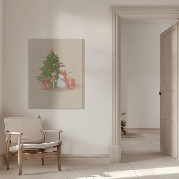 "Snowman And Cat" Wrapped Canvas Wall Art