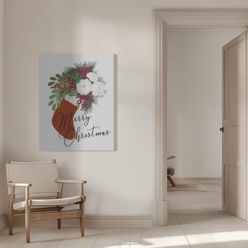 "Floral Stocking Merry Christmas in white" Wrapped Canvas Wall Art